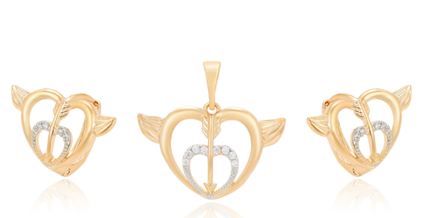 DIJE Y ARGOLLA  CORAZÓN CON FLECHA CON DOBLE ENCHAPE 14K