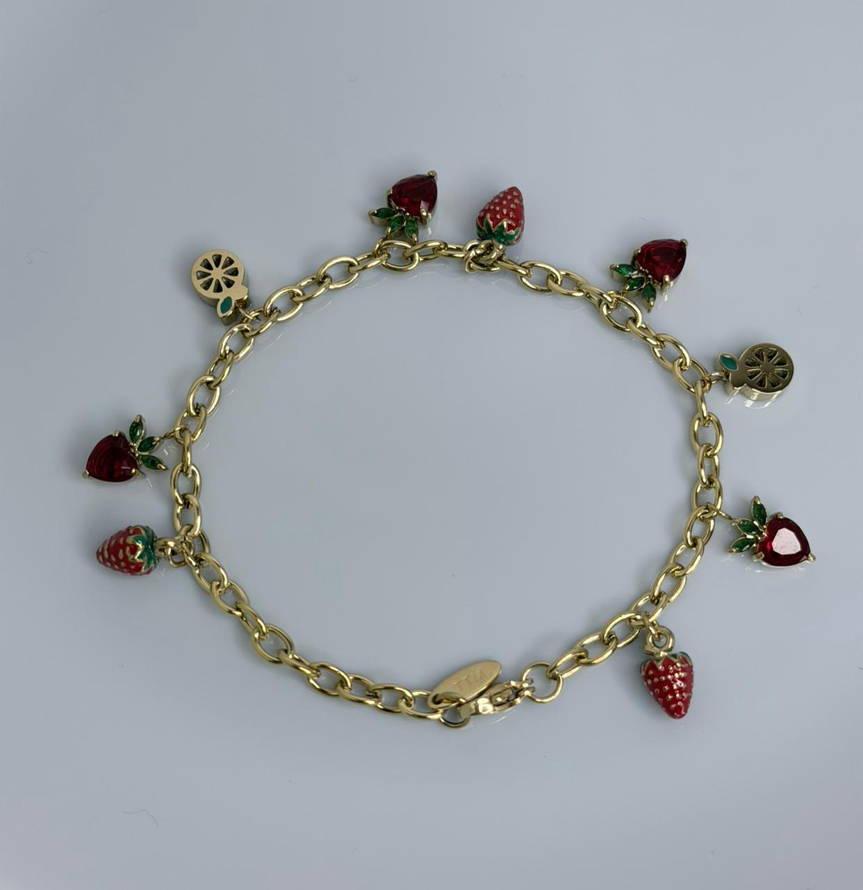 PULSERA DE FRESA ,NARANJA Y MANZANA DOBLE ENCHAPE 14K( 20CM)