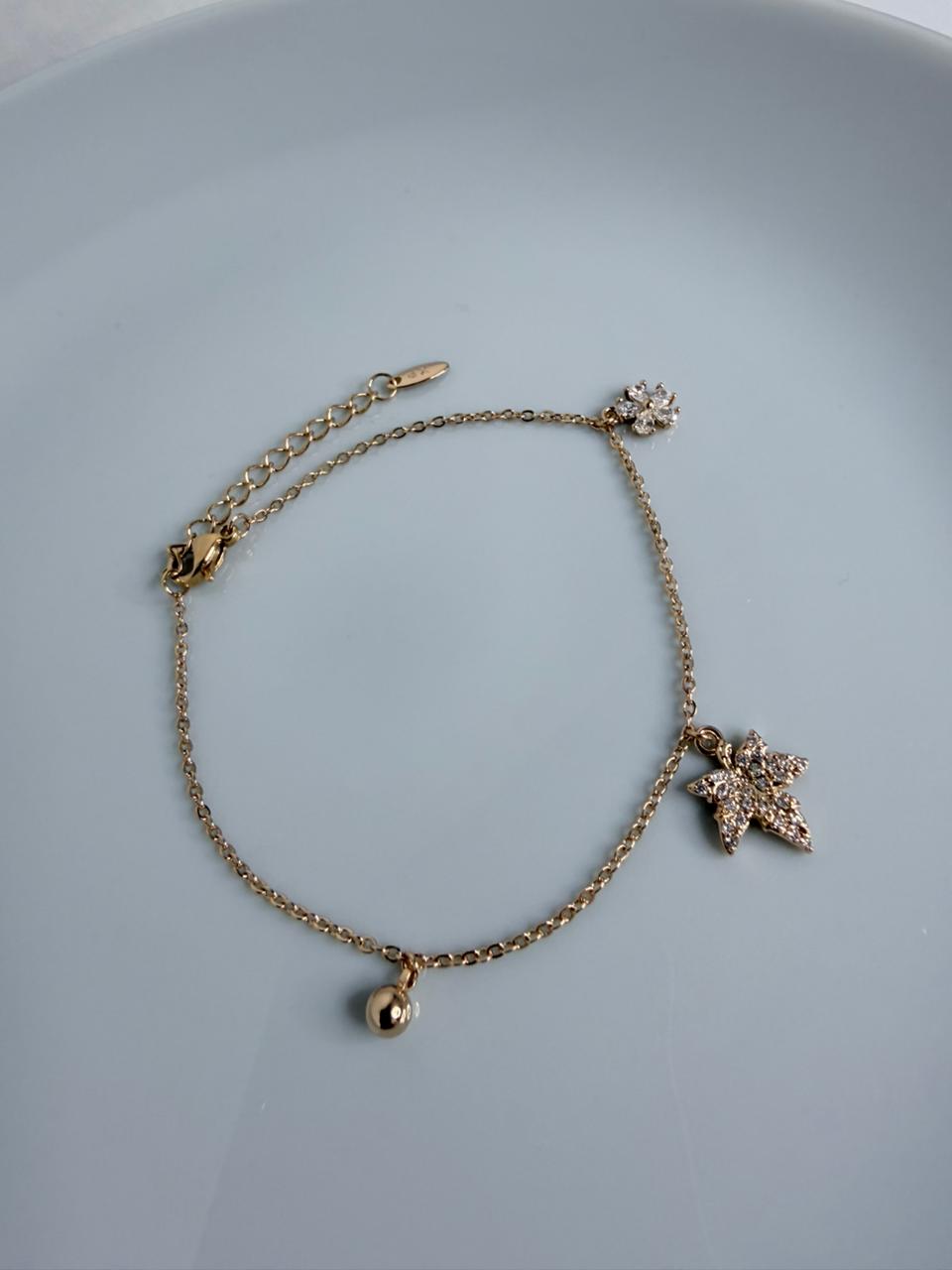 PULSERA DE HOJAS Y FLOR DOBLE ENCHAPE 18K (18CM)