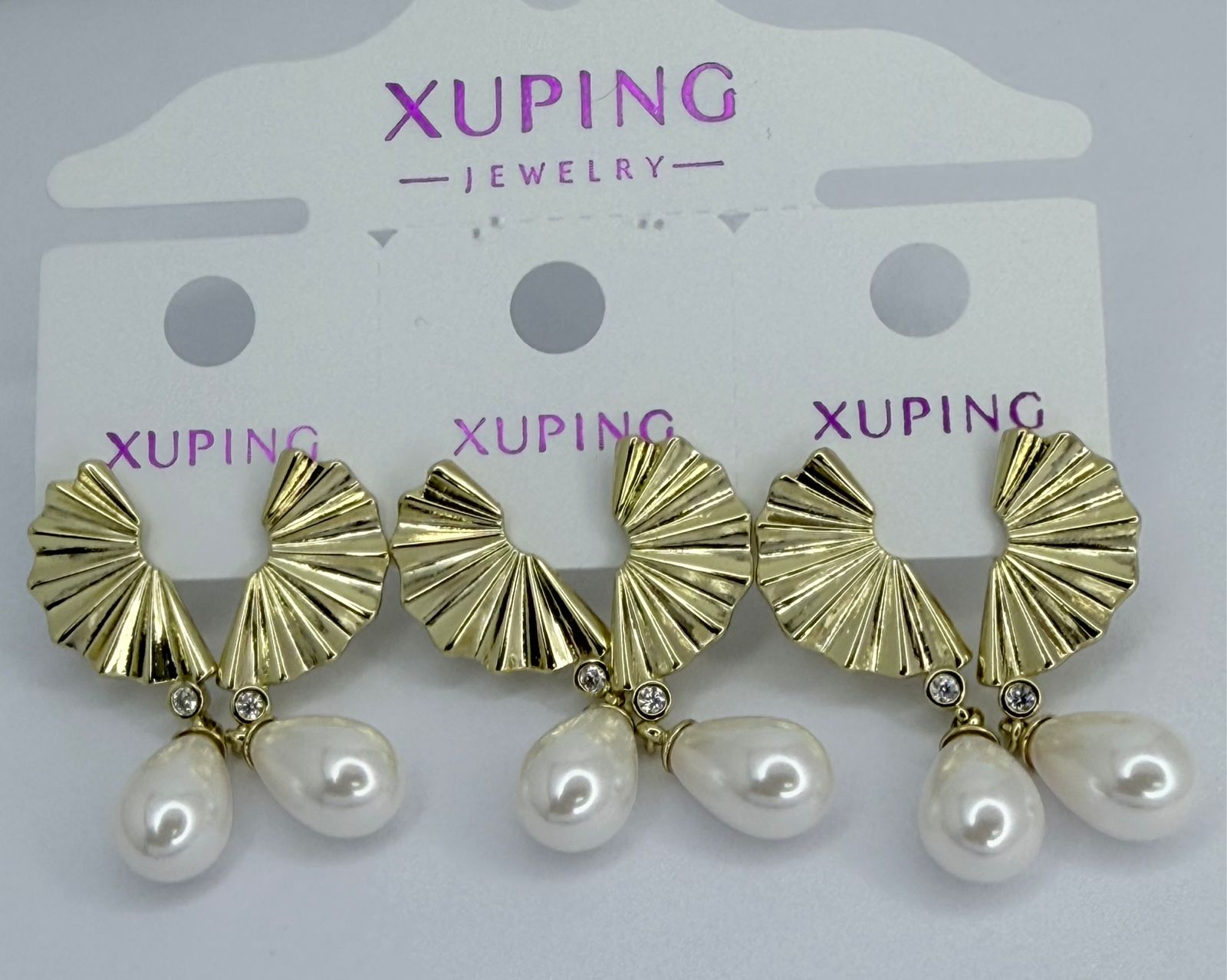 PENDIENTE ABANICO CON PERLA DOBLE ENCHAPE 14K