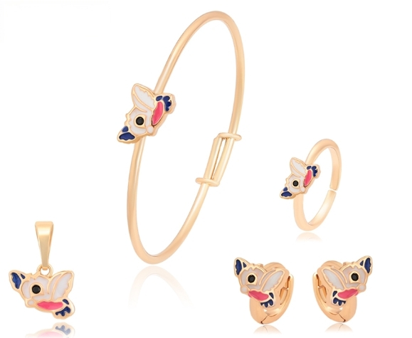 KIT PARA NIÑA PULSERA ,ANILLO,DIJE,ARETE DOBLE ENCHAPE 18K