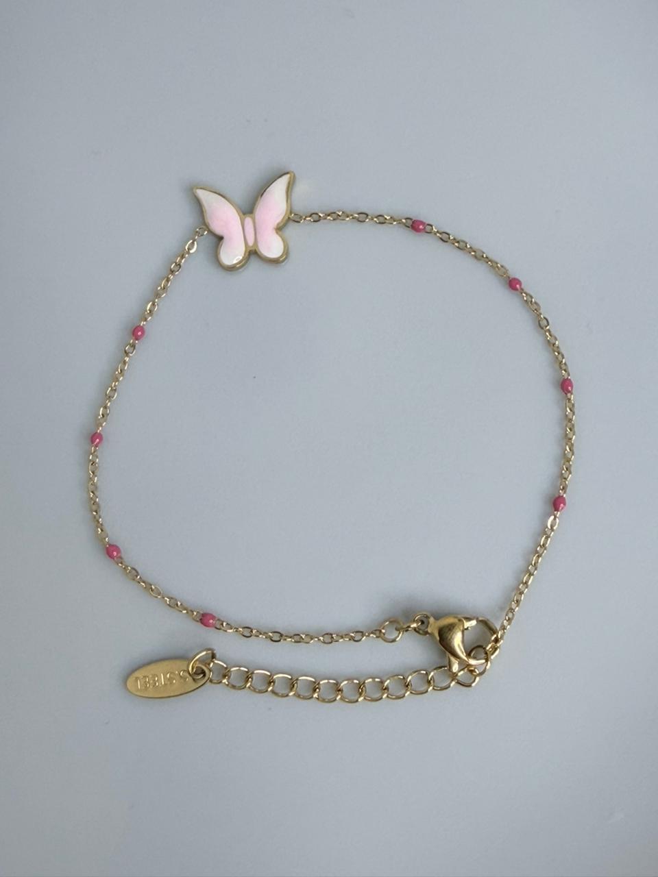 PULSERA  DE ACERO CON MARIPOSA  ROSADA
