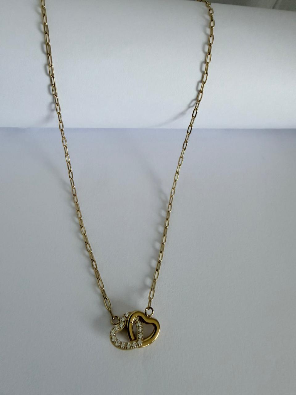 CADENA CON DIJE DOBLE CORAZON DOBLE ENCHAPE 14K