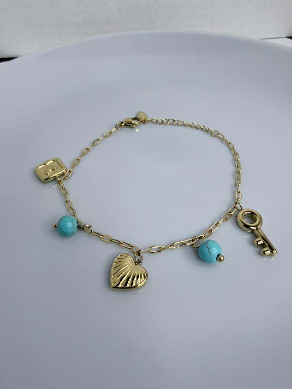 PULSERA  CON DETALLE  CORAZON Y LLAVE DOBLE ENCHAPE 14K(17+3CM)
