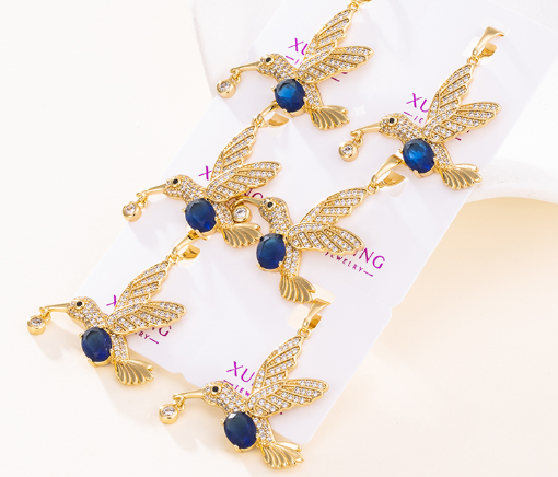 COLGANTE COLIBRI  CON CIRCONITA AZUL DOBLE ENCHAPE 14K