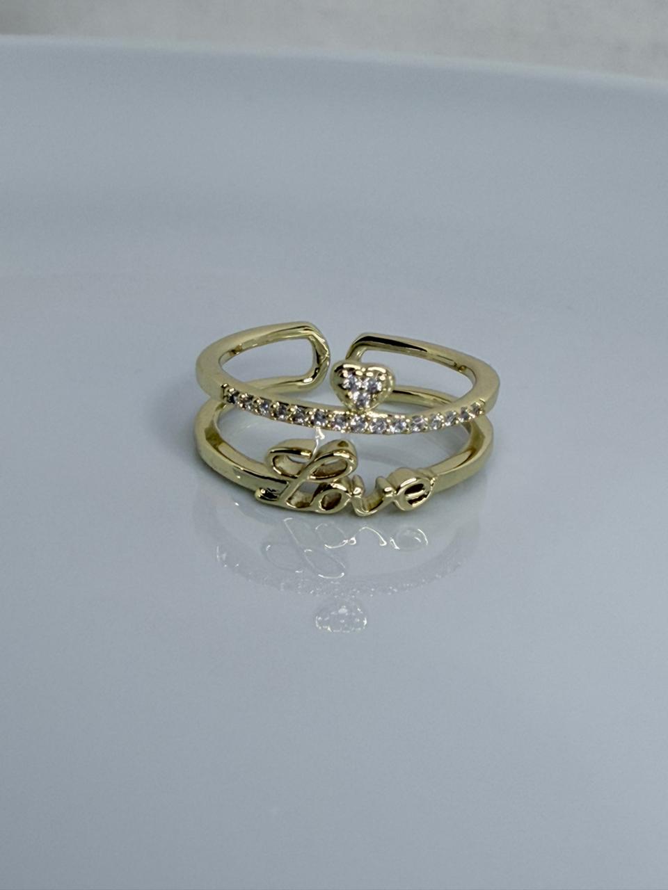 ANILLO LOVE Y CORAZON REGULABLE  DOBLE ENCHAPE 14K